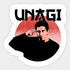 an image of a man holding his hand up to his head with the word unagi on it