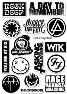 sticker sheet with various logos and words on it, including the logo for rage against machine