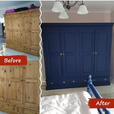 Upcycled blue wardrobe Painted Pine Wardrobe, Pine Wardrobe Makeover, Dark Blue Wardrobe, Old Wardrobe Makeover, Paint Wardrobe, Navy Painted Furniture, Upcycled Wardrobe, Pine Wardrobe, Frenchic Paint