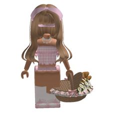 a lego doll holding a basket with food in it's hands and wearing a pink dress