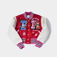 Women’s First Row The Future Is Ours League Red Varsity Jacket Varsity Red Track Jacket For Streetwear, Red Long Sleeve Varsity Jacket With Patchwork, Red Patchwork Varsity Jacket, Red Patchwork Long Sleeve Varsity Jacket, Red Varsity Outerwear With Patchwork, Red Patchwork Outerwear For Streetwear, Red Patchwork Outerwear For College, Red Long Sleeve Varsity Jacket For Streetwear, Red Hooded Track Jacket For Fall