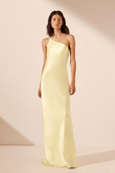 La Lune One Shoulder Cowl Back Maxi Dress | Lemon | Dresses | Shona Joy – Shona Joy International Shona Joy Dress, Bridesmaid Skirts, Asymmetrical Maxi Dress, Yellow Bridesmaid Dresses, Bridal Tops, Yellow Bridesmaids, Shona Joy, Lemon Dress, Wedding Dress Shopping