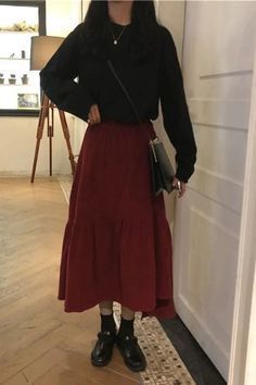 Red Maxi Skirt Outfit Aesthetic, Long Skirt With Sweater Outfit Winter, Maxi Skirt And Docs, Red Skirt Outfit Hijab, Maxi Skirt For Work, Midi Red Skirt Outfit, Long Maroon Skirt Outfit, Long Burgundy Skirt Outfit, Winter Outfit With Long Skirt