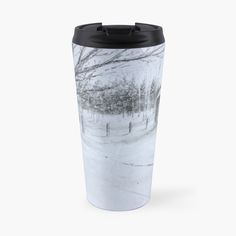 a black and white photo of people walking in the snow on a snowy day travel mug