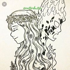 a drawing of a woman with flowers in her hair and a skull behind her head