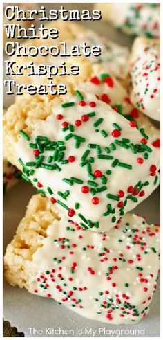 christmas white chocolate krispie treats with sprinkles