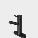 a black faucet on a white background with no one in the photo to describe