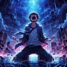 an anime character standing in the rain with his arms wide open and mouth wide open