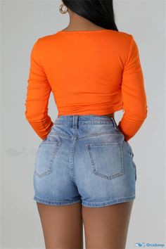 OrcaJump - Mid Waist Skinny Denim Shorts with Casual Solid Patchwork and Pocket Detailing Spring Stretch Solid Jean Shorts, Stretch Denim Jean Shorts For Fall, Orange Denim Bottoms For Spring, Spring Orange Denim Bottoms, Casual Orange Denim Jeans, Casual Elegance, Wholesale Fashion, Pocket Detail, V Neck Dress