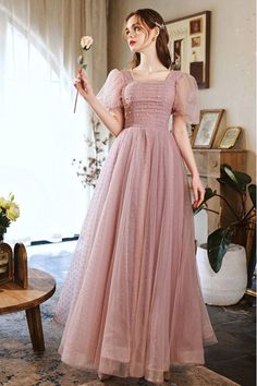 10% off now! Shop elegant tulle long pink square beaded prom dress with pleats sleeves online. Sheprom offers formal, party, casual & more style dresses to fit your special occasions. Pink Gown Elegant With Sleeves, Formal Gowns Elegant Modest, Modest Grad Dresses, Birthday Dress Ideas For Teens, Long Pink Dress Formal, Birthday Dress Modest, Teen Dresses Formal, Long Sleeve Prom Dress Modest, Pink Dress Graduation