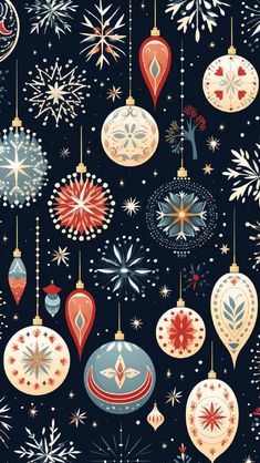 christmas ornaments and snowflakes are hanging from strings on a dark blue background with stars