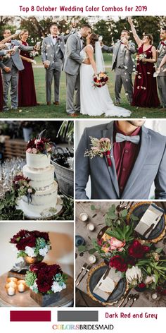 wedding color combos for the bride and groom in burgundy, grey, green, white