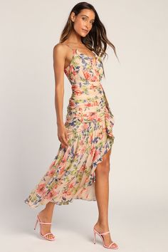 Get ready to stun at your next event with the Stunning Soiree Blush Pink Floral Print Ruched Midi Dress! Woven chiffon, with metallic threading and blue and red floral print, shapes this dress that has adjustable spaghetti straps, a ruffled surplice neckline, and a fitted bodice. Ruching accents the drop waist atop a column midi skirt with a front slit. Hidden side zipper/clasp. Fit: This garment fits true to size. Length: Mid-calf length. Size medium measures 48" from adjustable straps to hem. Sundress For Wedding Guest, Pastel Wedding Guest Dress, Garden Cocktail Attire Wedding, June Wedding Guest Dress, Wedding Guest Midi Dresses, Garden Wedding Dress Guest, Floral Dress Wedding Guest, Casual Wedding Guest Dresses