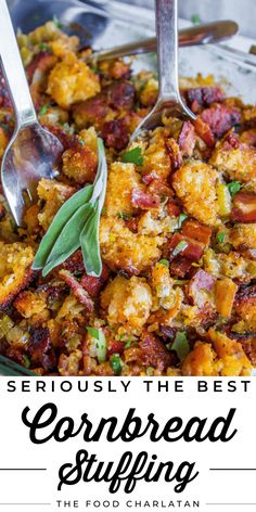 the best cornbread stuffing recipe with two serving spoons