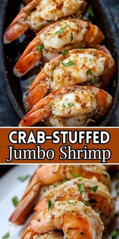 crab - stuffed jumbo shrimp served in a cast iron skillet