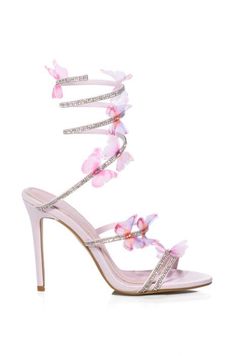 AZALEA WANG AIRBORNE BUTTERFLY RHINESTONE STILETTO SANDAL IN PINK Pretty Heels, Butterfly Rhinestone, Azalea Wang, Pink Boots, Stiletto Sandals, Cute Crop Tops, Platform Shoes, Stiletto Heels, Butterflies