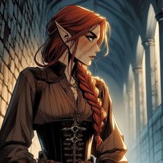 a woman with long red hair and braids standing in an alleyway looking at something