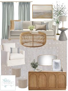 a living room filled with furniture and decor in shades of beige, blue and white