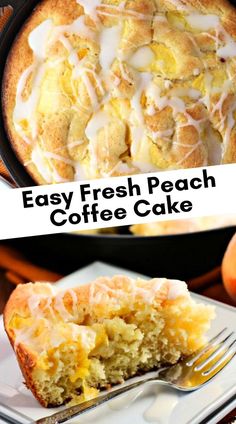 Two photos, one of full cake and a slice of cake with fork. Fresh Peach Coffee Cake, Decedent Deserts, Peach Breakfast Recipes, Peach Yogurt Cake, Peach Coffee Cake, Peach Yogurt, Peach Coffee, Summer Vegetarian Recipes