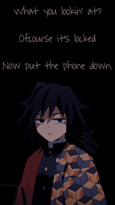 an anime character with long black hair, wearing a red coat and holding a cell phone