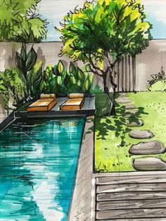 this is a drawing of a pool in the middle of a garden with trees and benches