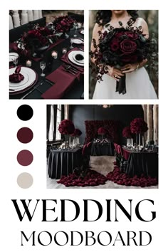 wedding mood board with red and black flowers