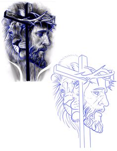 two drawings of jesus and the lion with a cross on their heads, one in blue ink