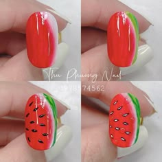 Fruits Nail Art Designs, Fruit Nails Design Easy, Dragonfruit Nail Art, Fruit Decal Nails, Gel Nail Designs Watermelon, Animal Nail Art, Animal Nails, Videos Design, Nail Art Tutorial