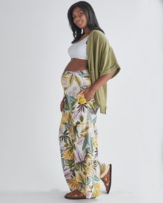 Stacie Wide Leg Maternity Ruffled Pants in Green Flora Maternity Work Dresses, Maternity Work Pants, Ruffled Pants, Mustard Pants, Loungewear Outfit, Delivery Gown, Blazer Top, Maternity Nursing Dress, Light Flare