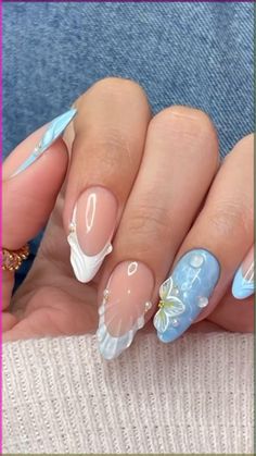 #nailinspiration #nailphotoshoot #photoshoot #businesswoman #nailtechlife Watery Blue Nails, Garba Nails, Water Blue Nails, Blue Nails Inspo Aesthetic, Summer Nails 2024 Blue, Light Blue Almond Nails Design, Finger Extensions, Sommer Nails, Beach Themed Nails