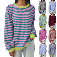 PRICES MAY VARY. 【Material】: We believe in providing our customers with the best quality products. Women oversized striped sweatshirt is made of high quality cotton blend, it is super soft, stretchy, breathable and skin-friendly, to keep you comfortable and relaxed all day, suitable for Spring, Summer and Autumn. 【Colorblock Tops Design】: Color block striped sweatshirt for women girls, crew neck long sleeve drop shoulder shirt top, ribbed neck, cuffs and hem, loose fit. The unique stripe and mul Dressy Tops For Wedding, Night Shirts For Women, Womens Half Zip Pullover, Womens Quarter Zip Pullover, Womens Oversized Sweatshirts, Clothes Fall, Striped Sweatshirt, Workout Tops For Women, Womens Flannel Shirt