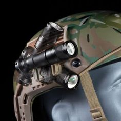 a close up of a helmet with a light on it's head and an eyepiece in the background