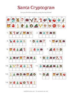 the santa cryptogram game is shown in red and green, with an image of