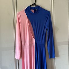 Pink And Blue Formal Dress Peekaboo Front Cut Out Pink Color Block Party Dress, Pink Color Block Maxi Dress, Spring Pink Color Block Maxi Dress, Pink Color Block Maxi Dress For Spring, Pink Long Sleeve Color Block Dress, Chic Pink Color Block Midi Dress, Spring Blue Color Block Midi Dress, Spring Pink Color Block Dress, Blue Color Block Party Dress