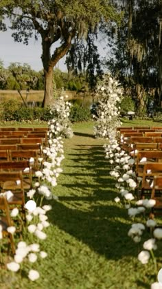 rows of wooden chairs with white flowers lining the aisle in front of trees and grass