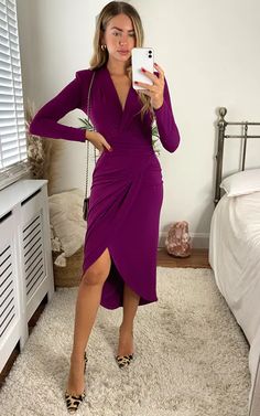 Fuchsia Wrap Dress | Jenerique | SilkFred US Black Fitted Midi Dress, Long Sleeves Dress, Fitted Midi Dress, Wrap Midi Dress, Sleeves Dress, Fuchsia Color, Versatile Dresses, Midi Dress Bodycon