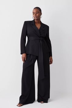 Plus Pleat Detail Wide Leg Pants | Karen Millen Elegant Full Length Belted Wide Leg Pants, Tailored Wide Leg Solid Color Pantsuit, Belted Ankle-length Wide Leg Pants For Fall, Versatile Belted Wide Leg Pants, Chic Tailored Wide Leg Pantsuit, Chic Tailored Wide-leg Pantsuit, Wide Leg Fall Pantsuit For Office, Fall Office Wide Leg Pantsuit, Formal Fall Pantsuit With Wide-leg Pants