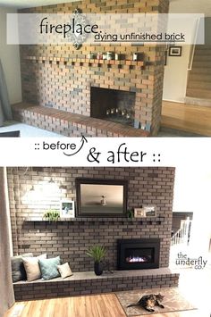 before and after pictures of a brick fireplace