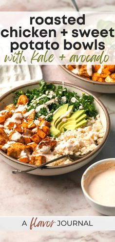 two bowls filled with chicken and sweet potato bowls