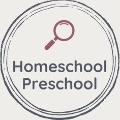 a magnifying glass with the words homeschool preschool on it in grey and red