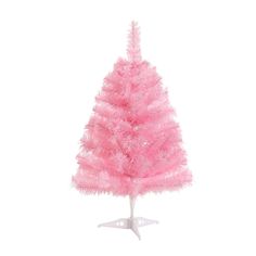 a pink christmas tree on a white stand