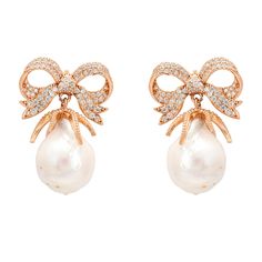 Gorgeous and unique, our Baroque Pearl Ribbon And Bows Drop Earrings are simply stunning! Handcrafted in 925 sterling silver dipped in 18ct rosegold, these beautiful earrings feature organic shaped baroque pearls, each as unique as you. The classic simplicity of the baroque pearls is enhanced by the vibrant sparkle of Cubic Zirconia adorned top depicting a ribbon tied in an eye-catching bow. Perfect for brides or special occasions, these earrings exude elegance. Not only beautiful but ribbon bow Elegant Rose Gold Pearl Earrings For Evening, Elegant Rose Gold Bridal Earrings With Elegant Design, Rose Gold Elegant Bridal Earrings, Formal Rose Gold Pearl Earrings With Elegant Design, Elegant Rose Gold Drop Pearl Earrings, Rose Gold Pearl Earrings For Formal Occasions, Luxury Rose Gold Pearl Drop Earrings, Luxury Rose Gold Drop Pearl Earrings, Exquisite Rose Gold Drop Earrings