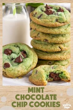 chocolate chip cookies stacked on top of each other next to a glass of milk with the words mint chocolate chip cookies