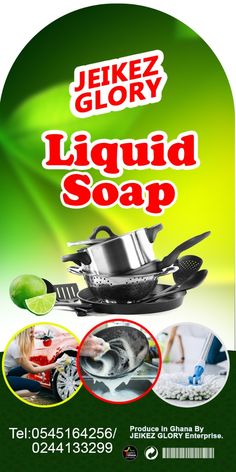 the flyer for jekez glory liquid soap is shown in red and green colors