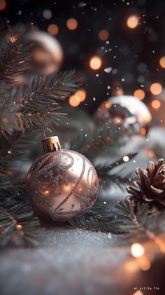 an ornament hanging from a christmas tree with snow and lights in the background