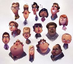 a bunch of cartoon faces are shown in this image, with one man's nose sticking out