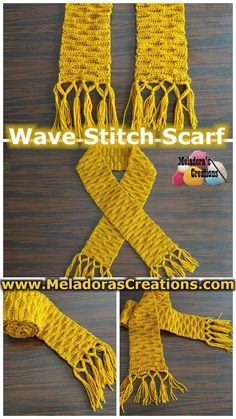 yellow knitted scarf with fringes on the ends and two pictures of each one