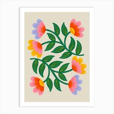 an art print with colorful flowers and leaves on the bottom, in white frame against a beige background