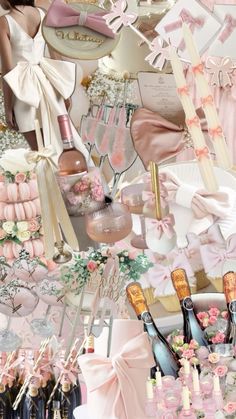 a collage of pink and white items including champagnes, cakes, and dresses