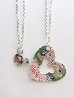 Disney mother daughter necklace, Paper heart necklace, Disney Park map, upcycled jewelry, new mom gift, disney mom, mothers day gift Disney Mother Daughter, Disney Maps, Disney Park Maps, Disneyland Recipes, Disney Camp, Disney Craft, Boho Jewelry Diy, Disney Mom